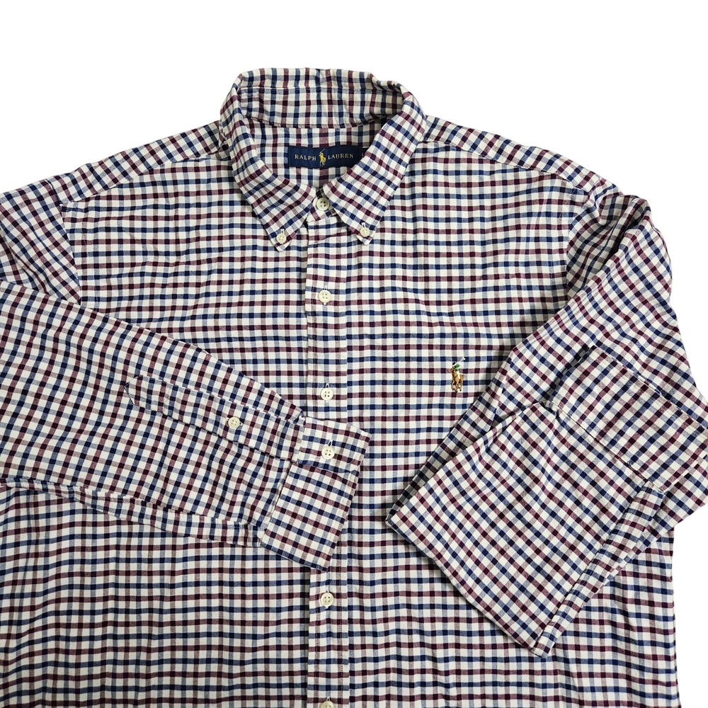 Ralph Lauren‎ Large Burgundy Navy Plaid Preppy Oxford Button Down Ivy Classic